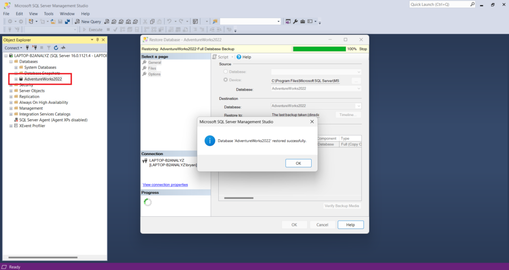 SSMS AdventureWorks Restored