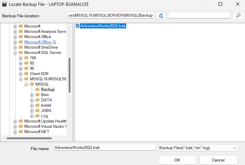 SSMS Locate Backup File